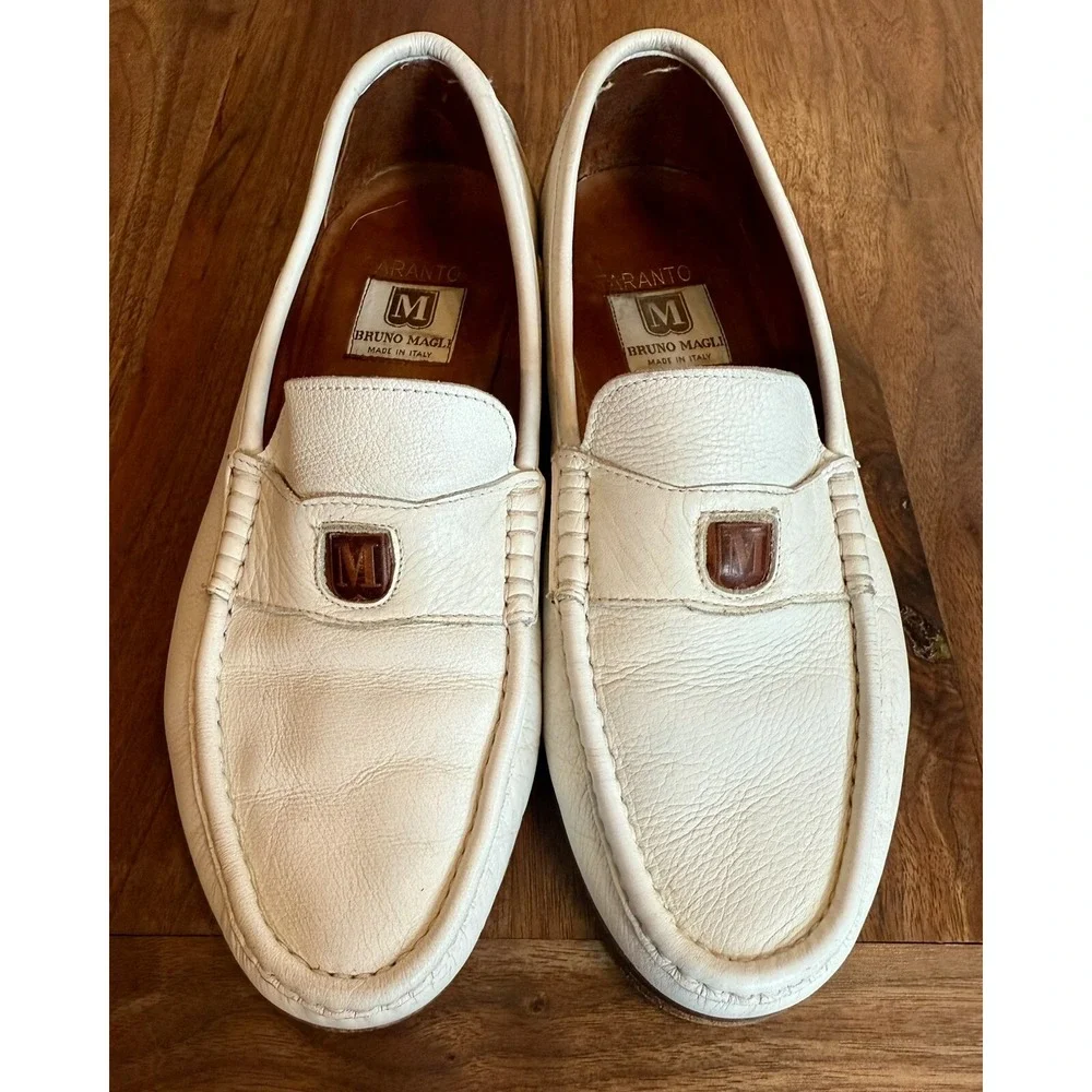 BRUNO MAGLI Ivory White Leather Slip On Taranto Loafers Shoes Men 6.5 Women 8.5